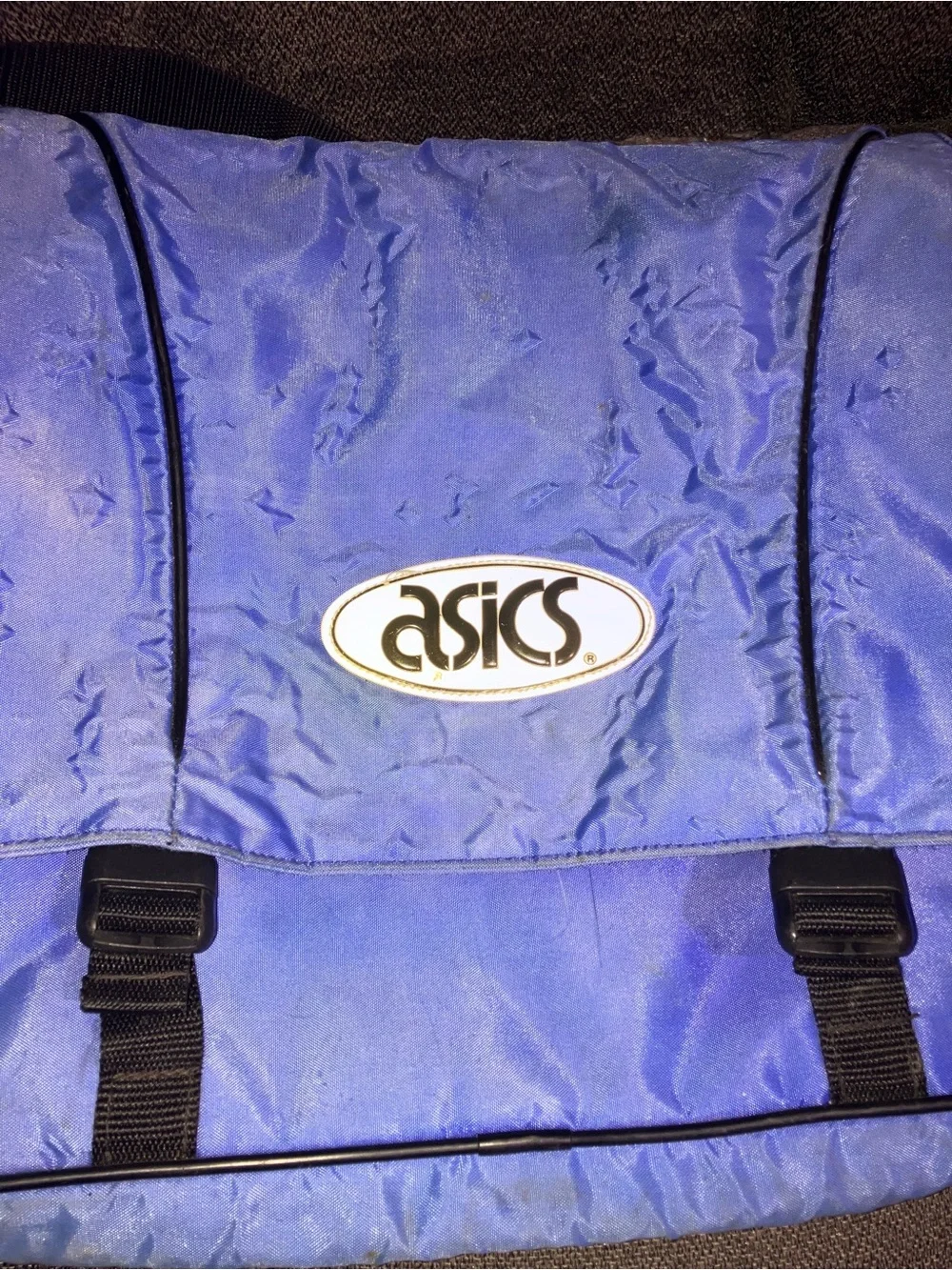 Vintage 90s Y2K ASICS Blue Tote / Computer / Record Zip Strap Over Bag